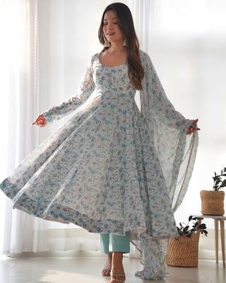 Grey Colour Soft CHIFFON Silk Fully Stitched Printed Stitched Gown 1
