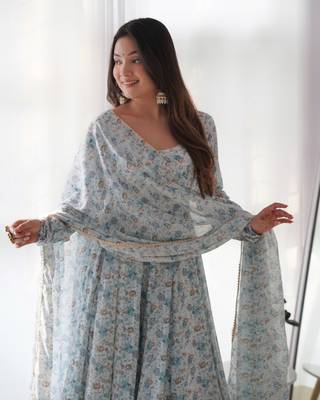 Grey Colour Soft CHIFFON Silk Fully Stitched Printed Stitched Gown 3