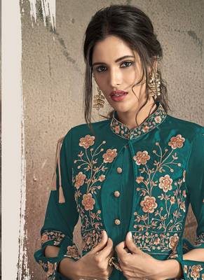 Teal Blue Resham & Jari Embroidery With Stone Work Tafeta Art Silk Stiched Readymade Gown 1