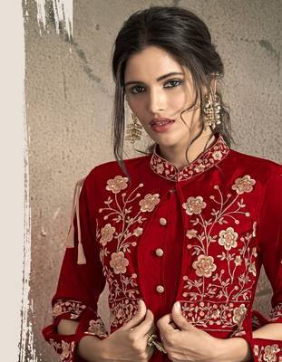 Red Resham & Jari Embroidery With Stone Work Tafeta Art Silk Stiched Readymade Gown 1