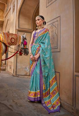 Kimisha women's sky blue silk blend saree with unstitched blouse piece 1