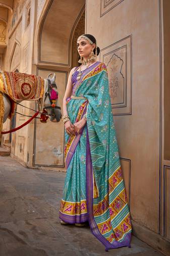 Kimisha women's sky blue silk saree with unstitched blouse piece