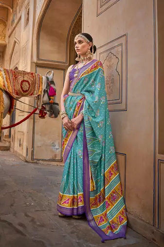 Kimisha women's sky blue silk saree with unstitched blouse piece