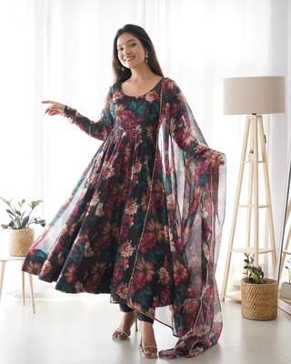 Black Colour Soft Organza Tabi Silk Fully Stitched Printed Stitched Gown 1