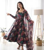 Black Colour Soft Organza Tabi Silk Fully Stitched Printed Stitched Gown