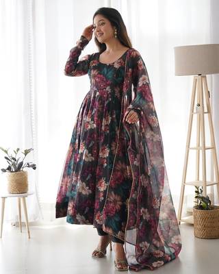 Black Colour Soft Organza Tabi Silk Fully Stitched Printed Stitched Gown 2
