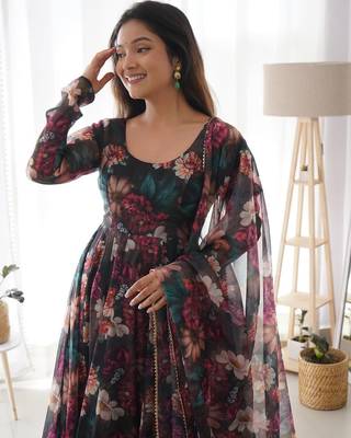 Black Colour Soft Organza Tabi Silk Fully Stitched Printed Stitched Gown 3