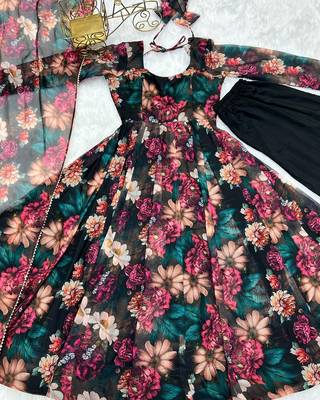 Black Colour Soft Organza Tabi Silk Fully Stitched Printed Stitched Gown 4