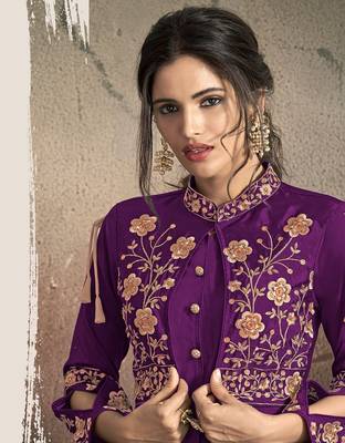 Light Purple Resham & Jari Embroidery With Stone Work Tafeta Art Silk Stiched Readymade Gown 1