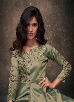 Mint Green Jari & Resham Embroidery With Stone Work Satin Silk Stiched Readymade Gown 1