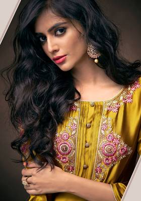 Yellow Jari & Resham Embroidery With Stone Work Satin Silk Stiched Readymade Gown 1