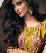 Yellow Jari & Resham Embroidery With Stone Work Satin Silk Stiched Readymade Gown