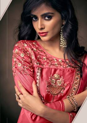 Old Rose Pink Jari & Resham Embroidery With Stone Work Satin Silk Stiched Readymade Gown 1