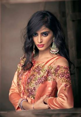 Peach Jari & Resham Embroidery With Stone Work Satin Silk Stiched Readymade Gown 1