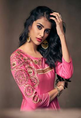 Rani Pink Jari & Resham Embroidery With Stone Work Satin Silk Stiched Readymade Gown 1