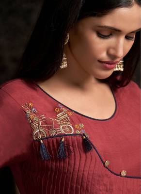 Dark Pink Thread & Jari Embroidery With Stone Work Muslin Stiched Readymade Gown 2