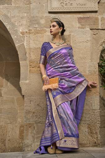 Kimisha women's purple silk saree with unstitched blouse piece