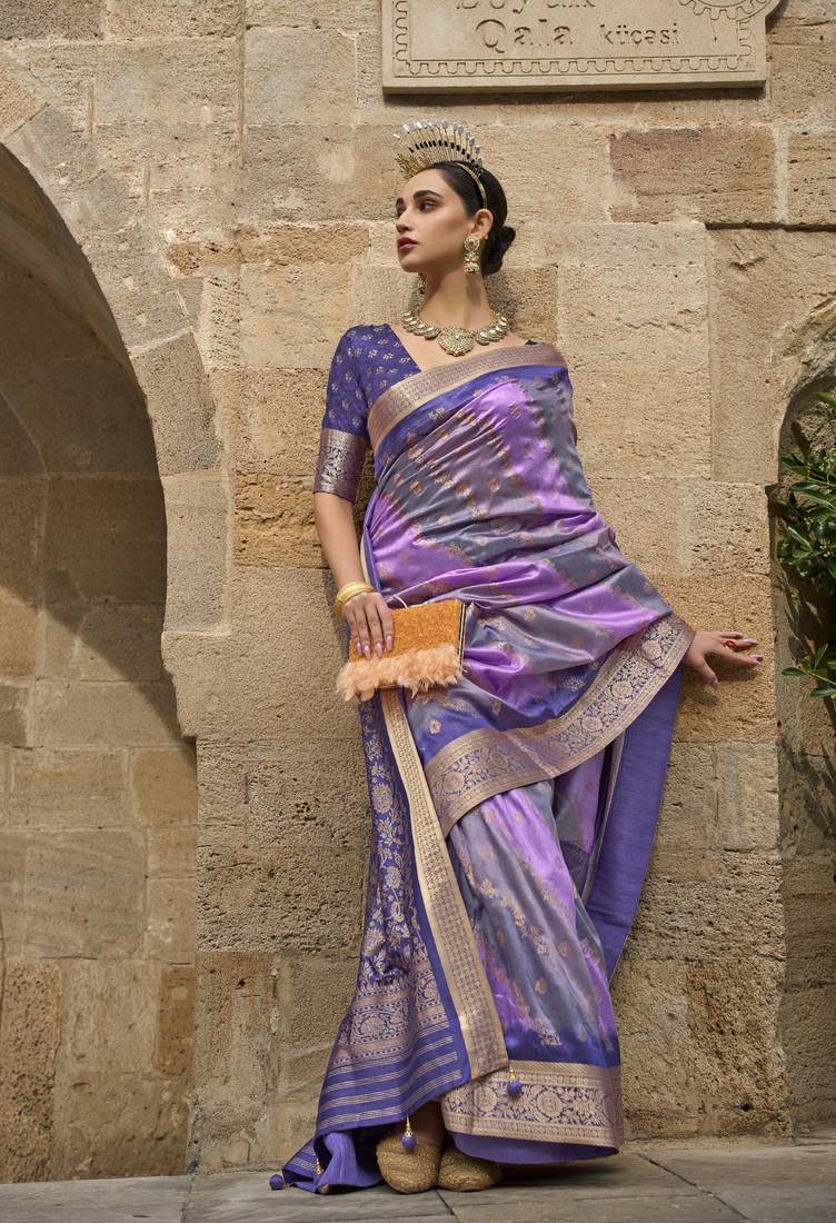 Kimisha women's purple silk saree with unstitched blouse piece