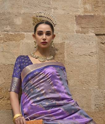 Kimisha women's purple silk blend saree with unstitched blouse piece 2