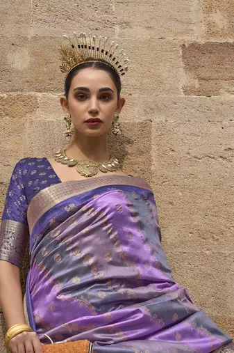 Kimisha women's purple silk blend saree with unstitched blouse piece