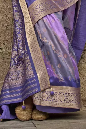 Kimisha women's purple silk blend saree with unstitched blouse piece