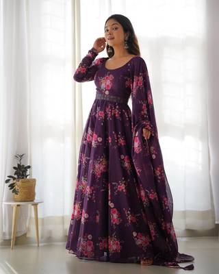 Wine Colour Soft Organza Tabi Silk Fully Stitched Printed Stitched Gown 3