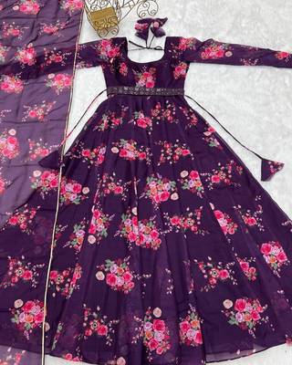 Wine Colour Soft Organza Tabi Silk Fully Stitched Printed Stitched Gown 4