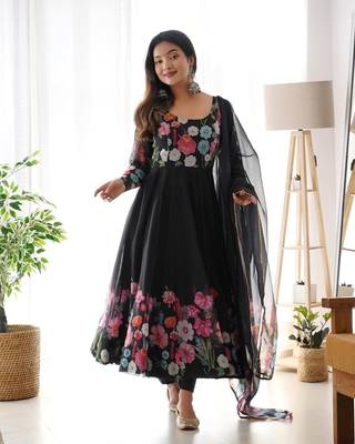 black Soft Organza Tabi Silk Fully Stitched Printed Stiched Gown 1