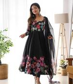blacl Colour Soft Organza Tabi Silk Fully Stitched Printed Stiched Gown
