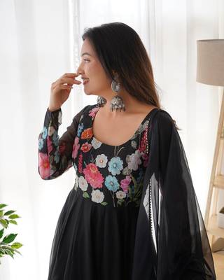 black Soft Organza Tabi Silk Fully Stitched Printed Stiched Gown 3