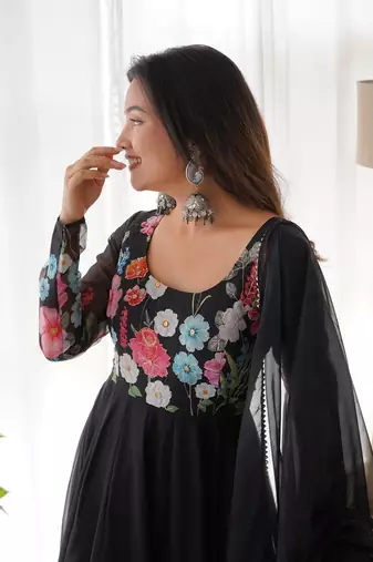 blacl Colour Soft Organza Tabi Silk Fully Stitched Printed Stiched Gown