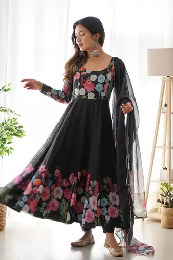 blacl Colour Soft Organza Tabi Silk Fully Stitched Printed Stiched Gown