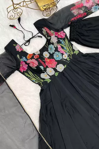 blacl Colour Soft Organza Tabi Silk Fully Stitched Printed Stiched Gown