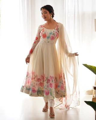 Cream Colour Soft Organza Tabi Silk Fully Stitched Printed Stiched Gown 1