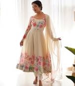 Cream Colour Soft Organza Tabi Silk Fully Stitched Printed Stiched Gown