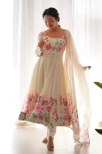 Cream Colour Soft Organza Tabi Silk Fully Stitched Printed Stiched Gown