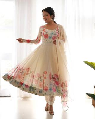 Cream Colour Soft Organza Tabi Silk Fully Stitched Printed Stiched Gown 4