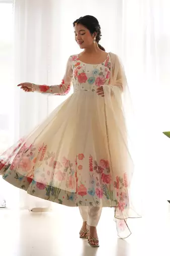 Cream Colour Soft Organza Tabi Silk Fully Stitched Printed Stiched Gown