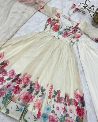 Cream Colour Soft Organza Tabi Silk Fully Stitched Printed Stiched Gown 5