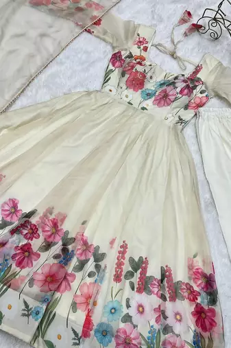 Cream Colour Soft Organza Tabi Silk Fully Stitched Printed Stiched Gown