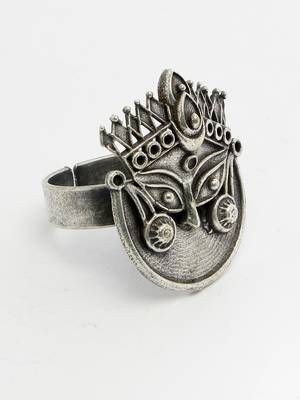 Sasha vintage oxidized silver lord maa durga design finger ring 3