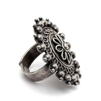 Sasha oxidised german silver floral design adjustable ring for women girls 4