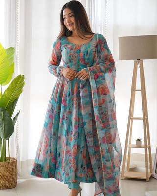 Multi Colour Soft Organza Tabi Silk Fully Stitched Printed Stiched Gown 1