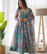 Multi Colour Soft Organza Tabi Silk Fully Stitched Printed Stiched Gown