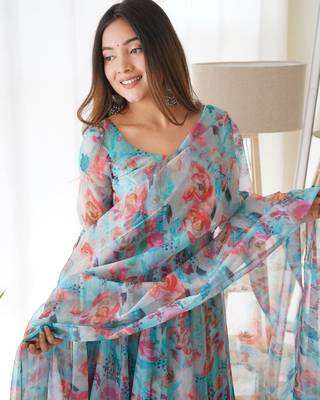 Multi Colour Soft Organza Tabi Silk Fully Stitched Printed Stiched Gown 2