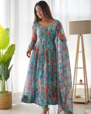 Multi Colour Soft Organza Tabi Silk Fully Stitched Printed Stiched Gown 3
