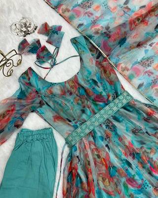 Multi Colour Soft Organza Tabi Silk Fully Stitched Printed Stiched Gown 4