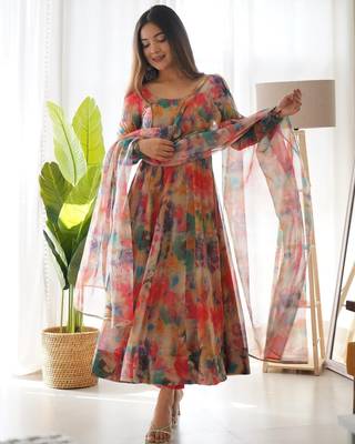 Multi Colour Soft Organza Tabi Silk Fully Stitched Printed Stiched Gown 1