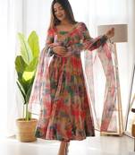 Multi Colour Soft Organza Tabi Silk Fully Stitched Printed Stiched Gown