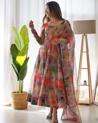 Multi Colour Soft Organza Tabi Silk Fully Stitched Printed Stiched Gown 2